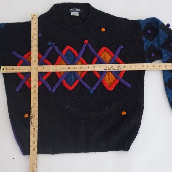 Vintage '80S Bay Club 30% Wool Black Knit w Multicolor Pom Pom Crew Sweater L - Picture 4 of 12